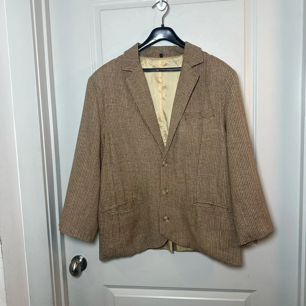 J. Peterman 100% Silk TweedTan Old Money Two Button Blazer/Sport Coat, Size 42